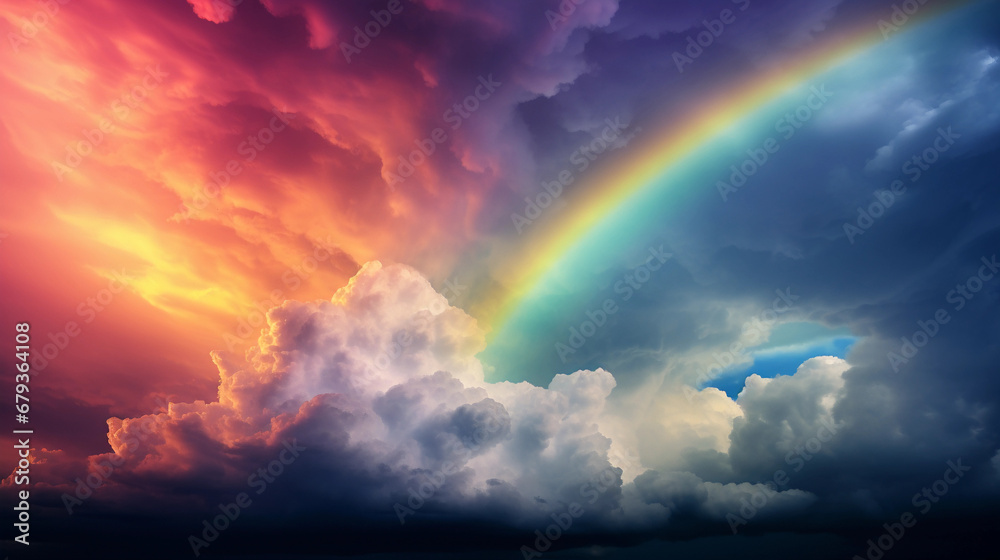 Oil painting emulation of a rainbow emerging through a stormy sky, heavy impasto technique, high contrast, ambient light Oil painting emulation of a rainbow emerging through a stormy sky, heavy impasto technique, high contrast, ambient light
