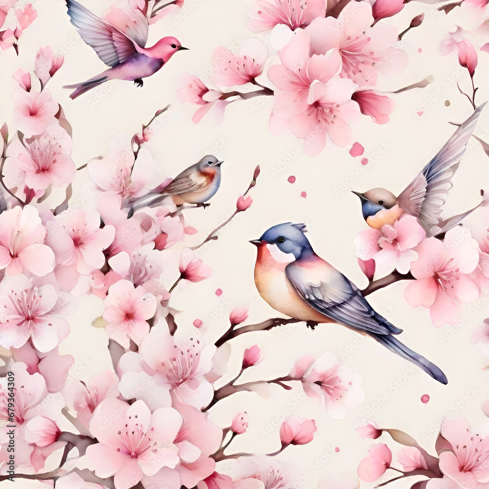 Watercolor cherry blossom pattern, generative ai