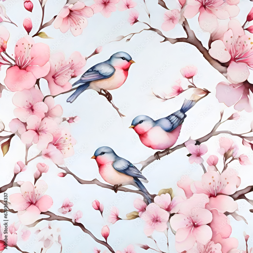 Watercolor cherry blossom pattern, generative ai