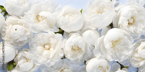 Top view floral background with white peonies