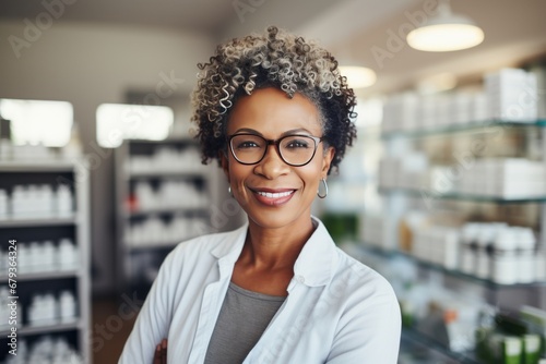 Portrait of a charming mature African American female pharmacist wearing glasses among shelves of medicines in a pharmacy. Experienced confident professional in the workplace. Copy space. photo