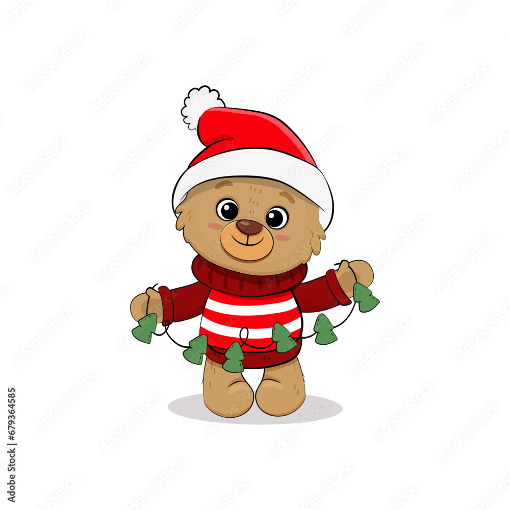 Cute cartoon bear cub isolated on white background. Christmas card with teddy bear. Vector illustration Cute cartoon bear cub isolated on white background. Christmas card with teddy bear. Vector illustration