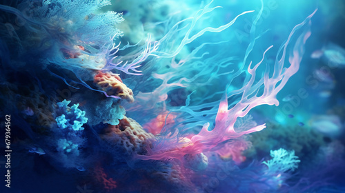 Abstract coral reef, multiple hues of blue and teal, fractal designs mimicking fish and corals, vibrant, energetic movement, dreamlike atmosphere © Gia