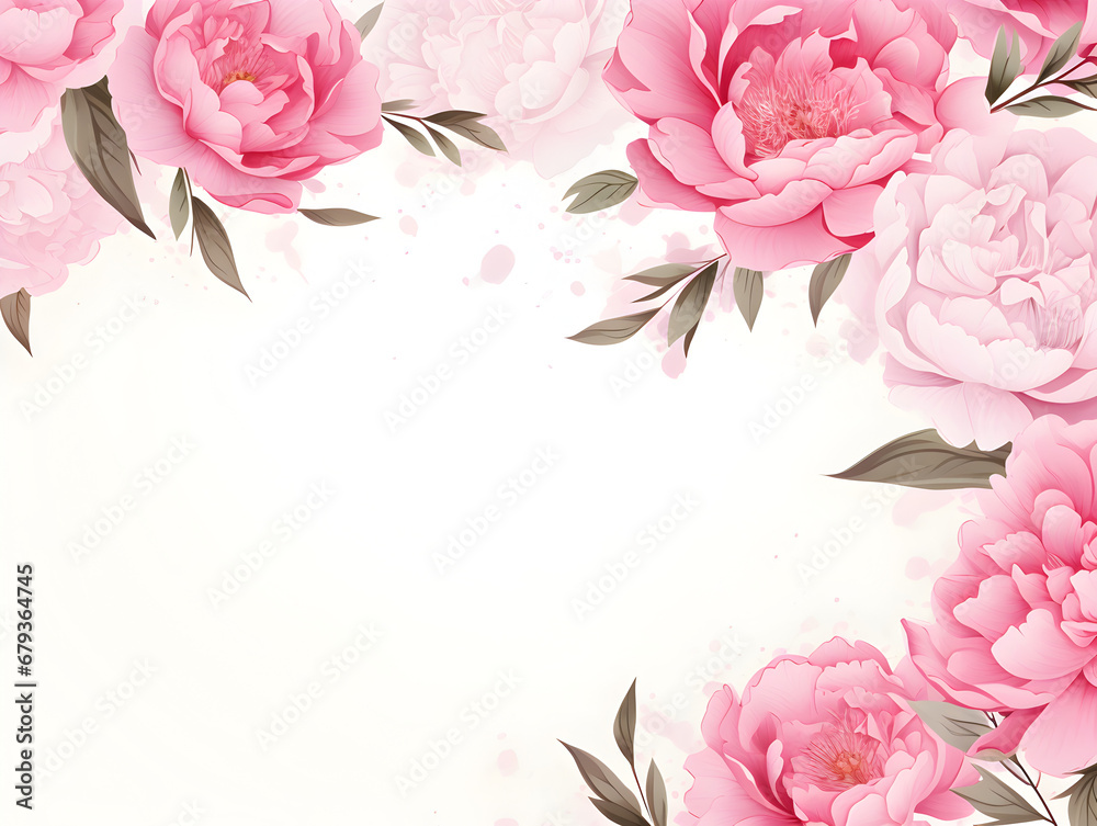 Floral frame background with pink peonies, white copy space for text