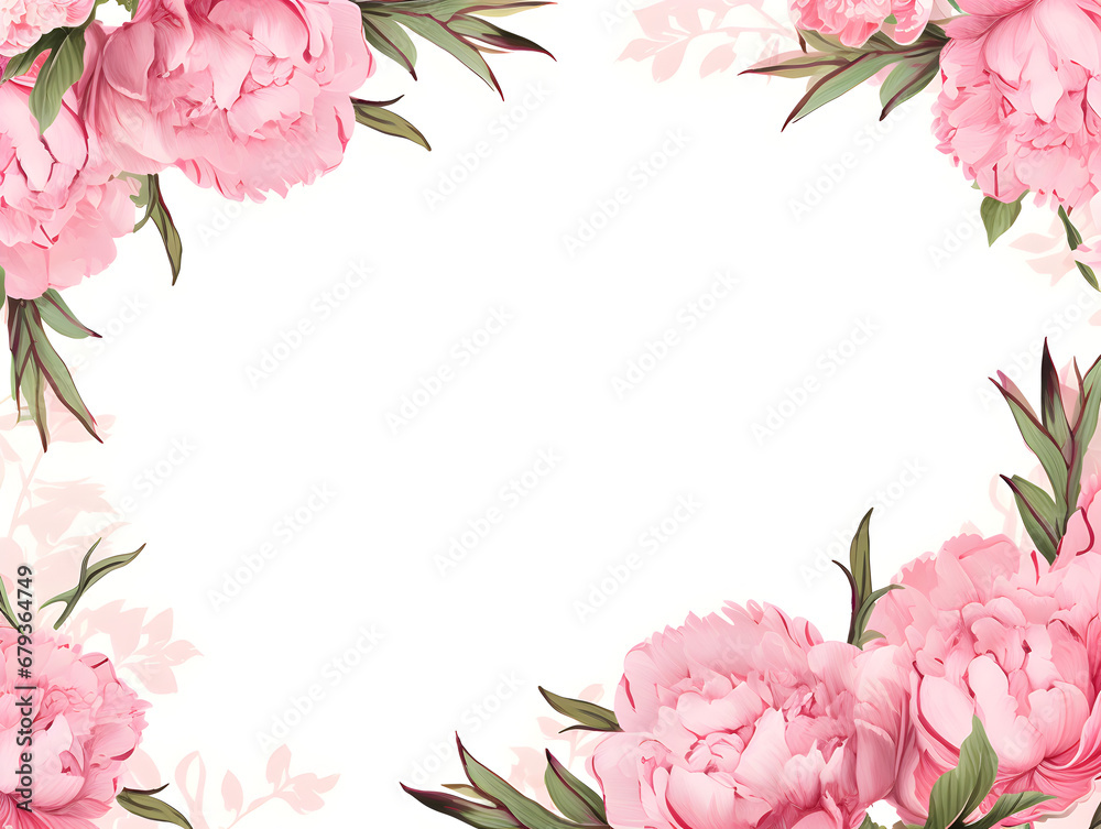 Floral frame background with pink peonies, white copy space for text