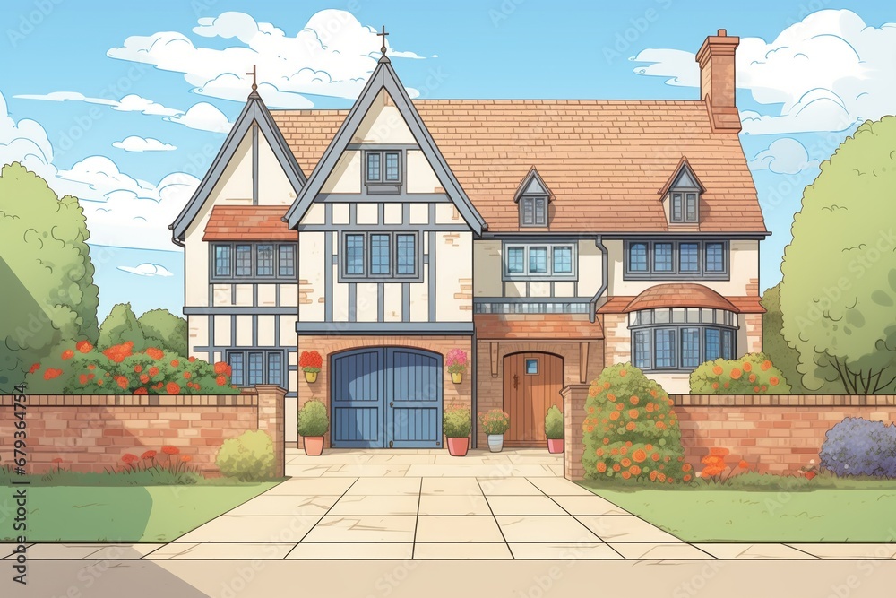 extended tudor with modern annex and driveway, magazine style illustration extended tudor with modern annex and driveway, magazine style illustration