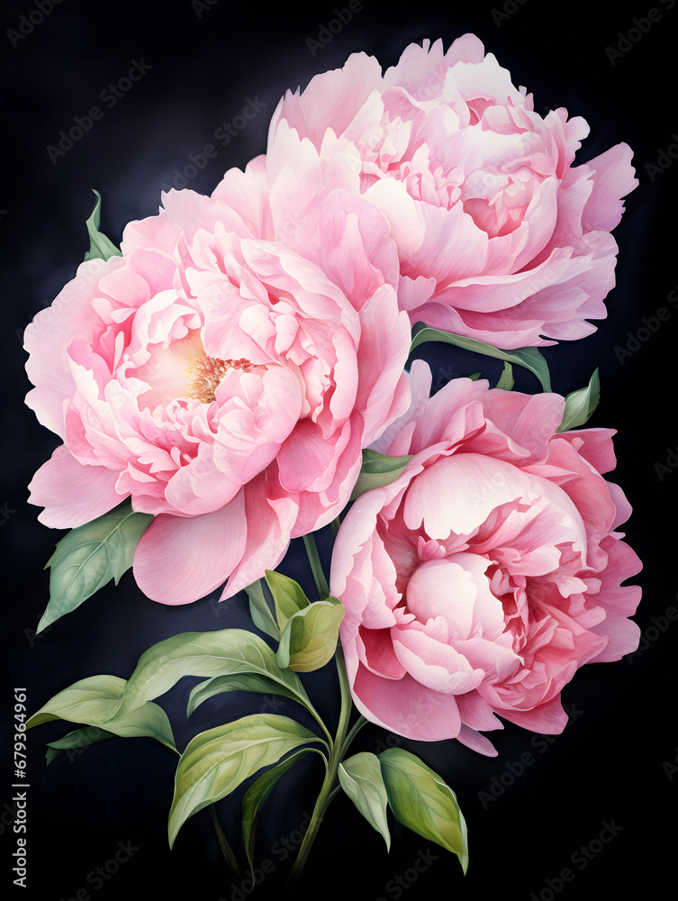 Watercolor illustration of pink peonies, back background Watercolor illustration of pink peonies, back background