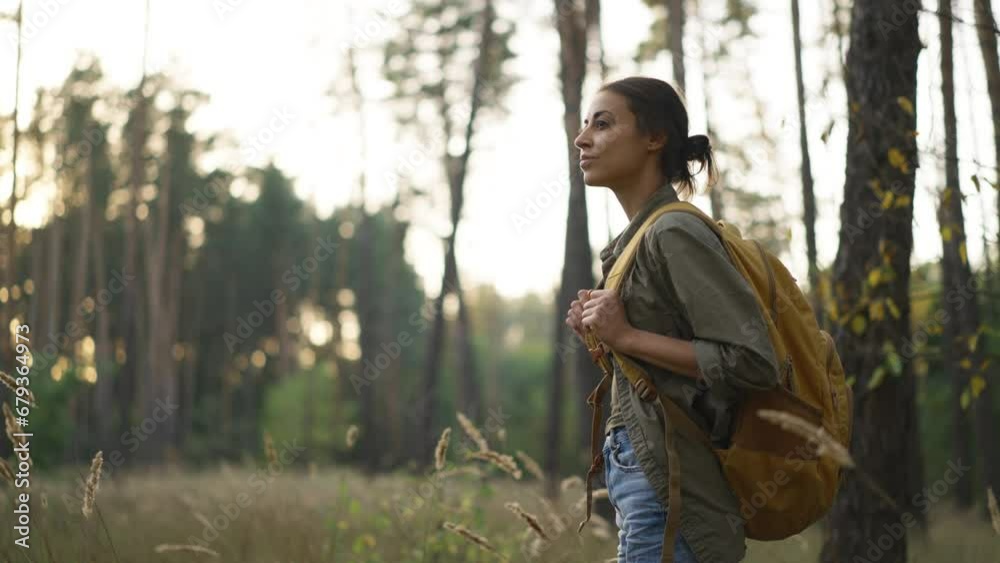 woman hiker in park. girl tourist with yellow backpack walk through forest park sunset sunlight. summer outdoor travel tourism concept. hiker walk in pine forest in wild park. feminism concept woman hiker in park. girl tourist with yellow backpack walk through forest park sunset sunlight. summer outdoor travel tourism concept. hiker walk in pine forest in wild park. feminism concept