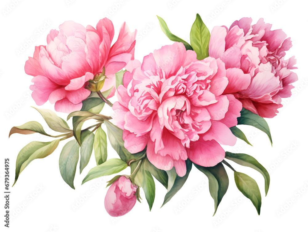 Watercolor illustration of white peonies, pink background