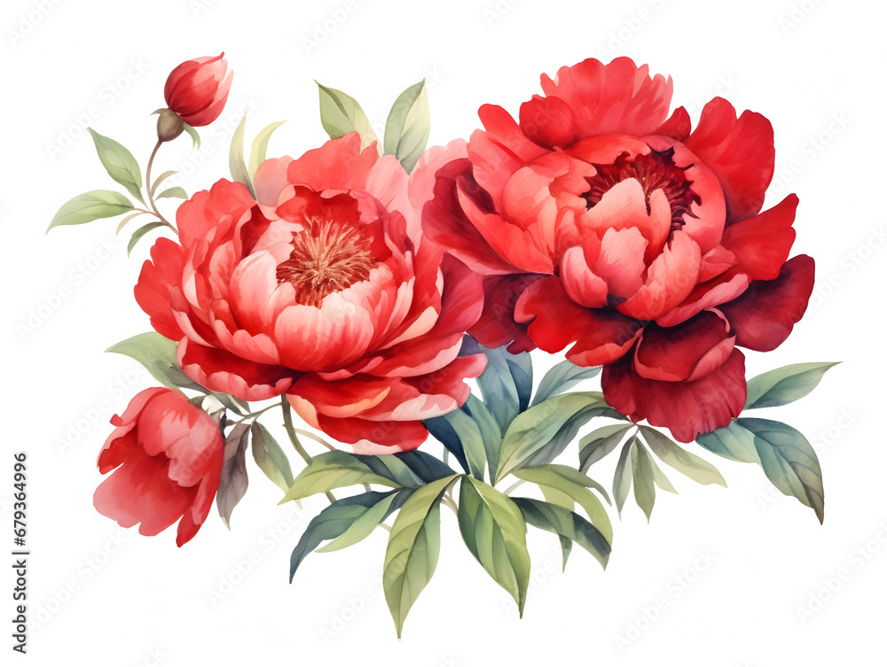 Watercolor illustration of red peonies, white background