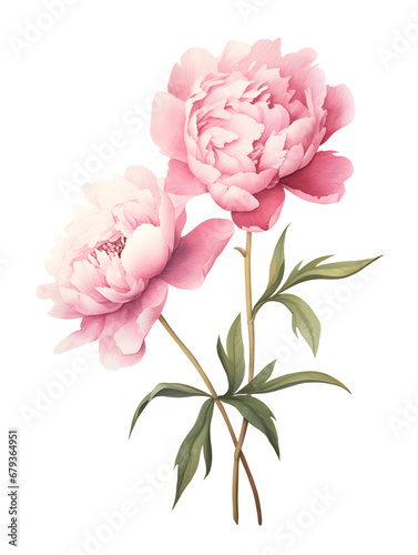 Watercolor illustration of pink peonies, white background