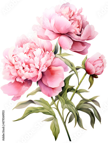 Watercolor illustration of white peonies  pink background