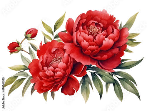 Watercolor illustration of white peonies, red background