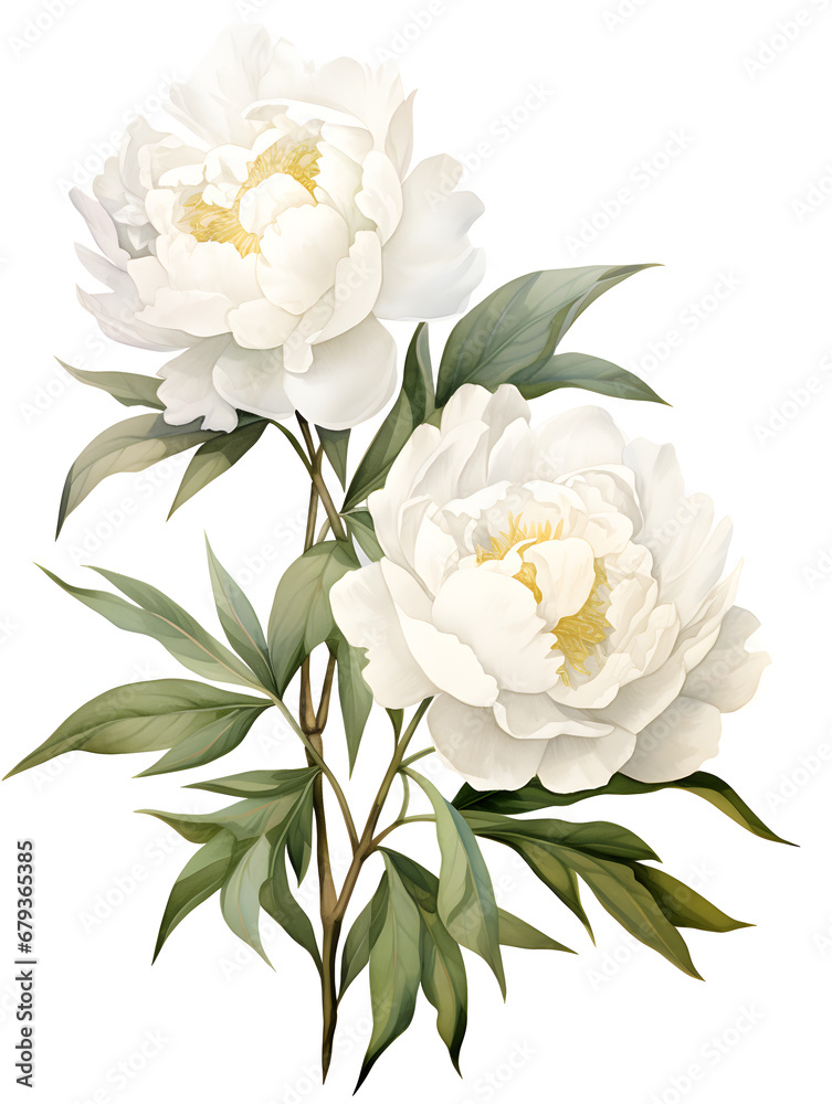 Watercolor illustration of white peonies, white background