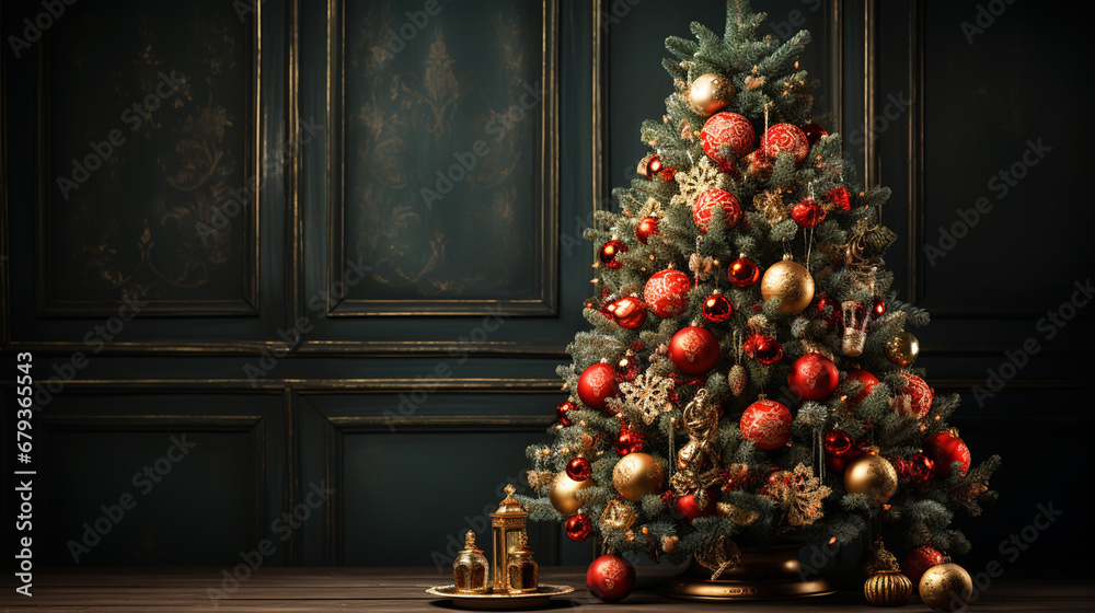 Fototapeta premium Decorated gold Christmas tree with golden patchwork ornament artificial star hearts presents for new year