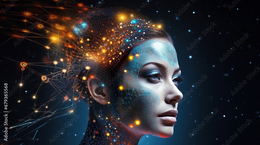 Female face with matrix digital numbers, dots, links, hologram. The concept of artificial intelligence AI with a human face. Digital head Female face with matrix digital numbers, dots, links, hologram. The concept of artificial intelligence AI with a human face. Digital head