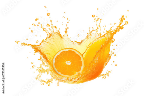 Splash of fresh orange juice isolated on transparent background. AI generative. photo