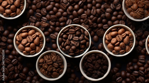 Top view of ceramic cups filled with coffee beans and ground coffee.