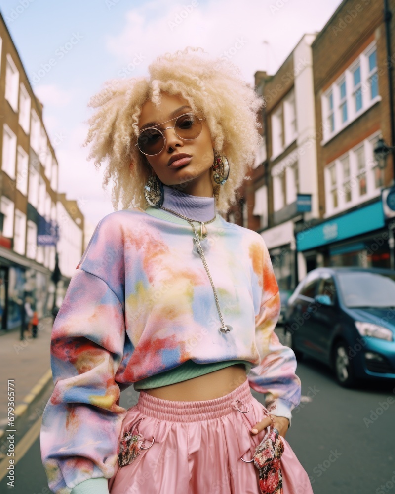 Fashion-forward woman with afro curls and colorful sweater posing stylishly on an urban street - obrazy, fototapety, plakaty 