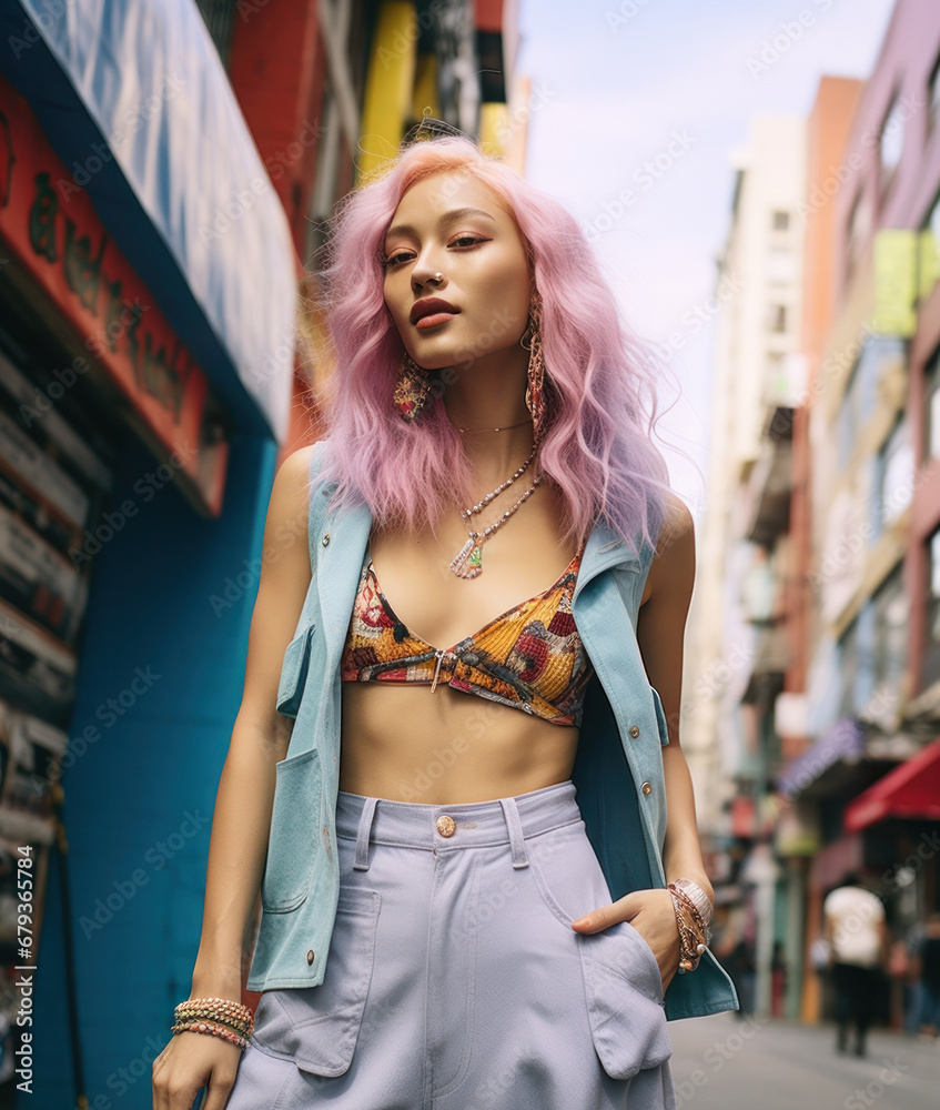 Young woman in a stylish outfit walking through an urban scene, her fashion echoing the pastel cityscape