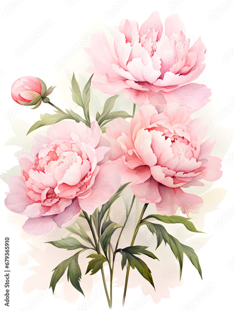 Watercolor illustration of pink peonies, white background