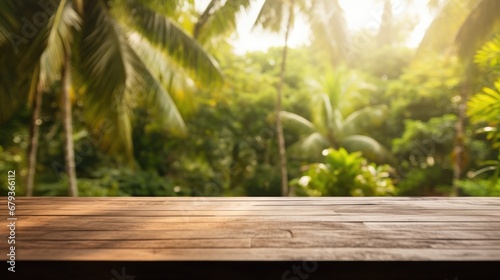 empty wooden table top for product display montages with blurred tropical trees view background