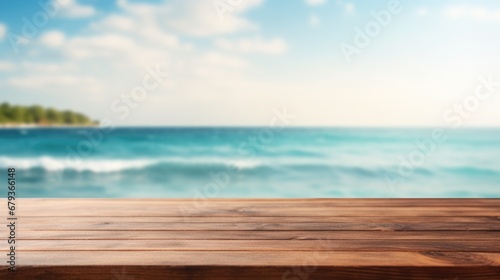 empty wooden table top for product display montages with blurred ocean  sea view background