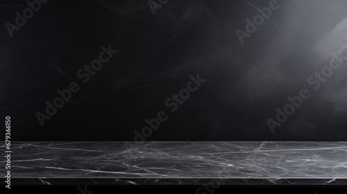 Empty table marble black countertop on black wall background. 