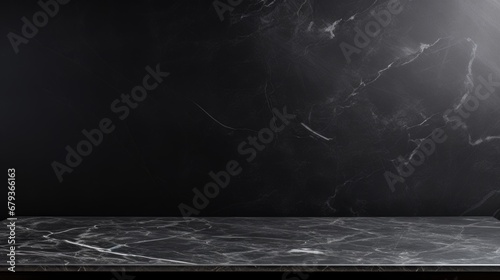 Empty table marble black countertop on black wall background. 