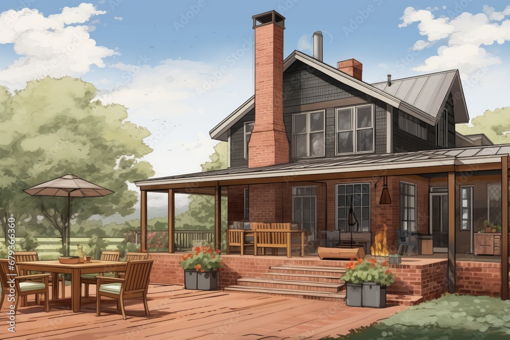modern farmhouse with a large wooden patio and brick chimney, magazine style illustration modern farmhouse with a large wooden patio and brick chimney, magazine style illustration