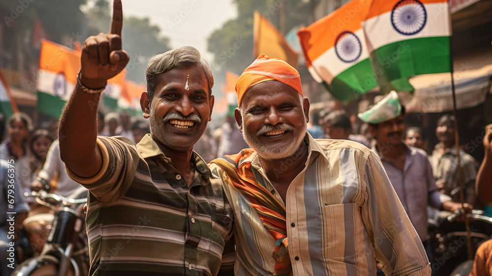 Smiling Indian men and women manifest with flags to celebrate the national festival of India - obrazy, fototapety, plakaty 