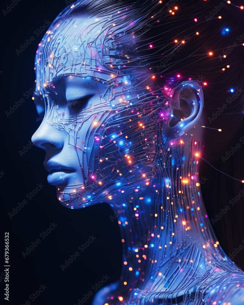 A female face with matrix digital numbers, dots, links. Digital screen with touch face of virtual reality. Robotic wired head