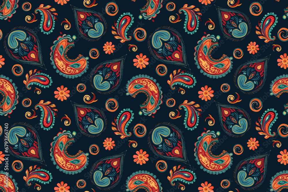Abstract ethnic paisley pattern flower design. Aztec fabric boho mandalas textile wallpaper. Tribal native motif African American sari elegant embroidery vector background  - obrazy, fototapety, plakaty 