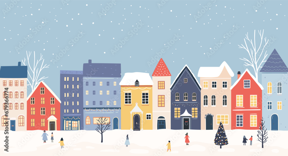 Winter town, festive decorated houses, falling snow and people walking. Christmas banner vector design.