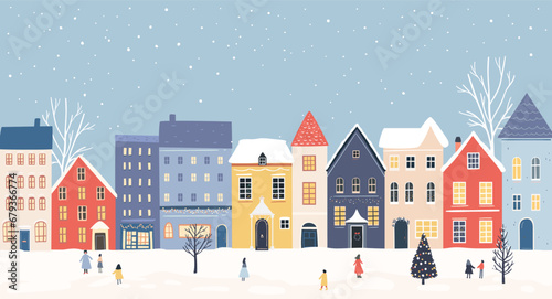 Winter town, festive decorated houses, falling snow and people walking. Christmas banner vector design.