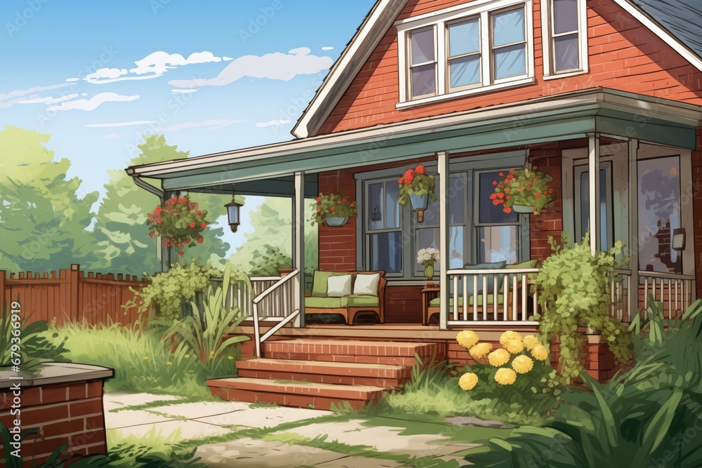 farmhouse with a wooden porch and brick in-laid front yard, magazine style illustration