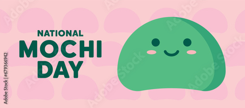 National mochi day celebration. japanese cute mochi sweets food vector banner with pattern background. Character flat design for web, poster, advertising, cover, card.