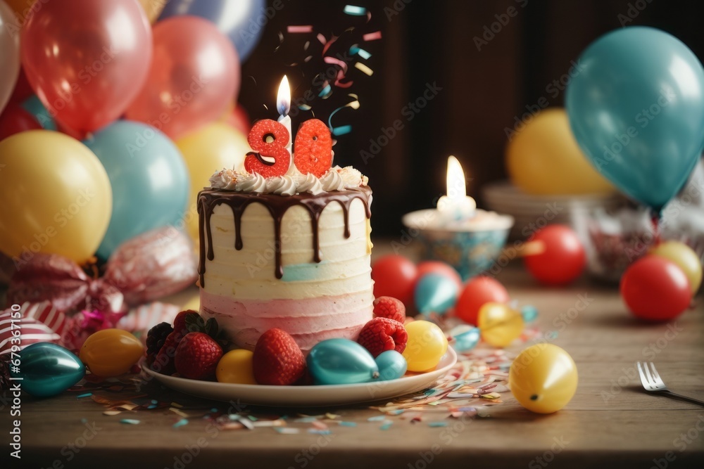 Close-up of a beautiful cake with burning candles on the background of colorful balloons on the table. Holiday, birthday, congratulations, gift, surprise concept.