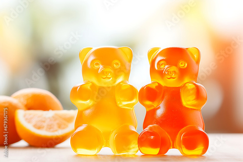 Immuno-gummy bears with orange flavor on a white background. Dietary supplement