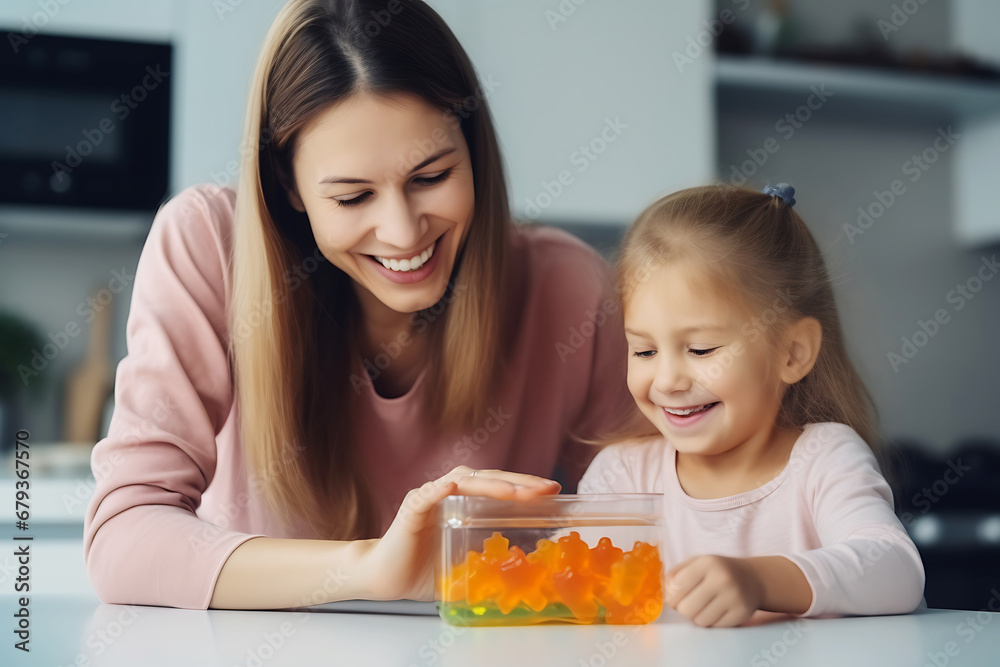 A young mother gives her child orange-flavored immuno-gummy bears. Dietary supplement