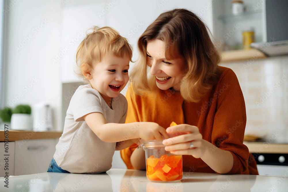 A young mother gives her child orange-flavored immuno-gummy bears. Dietary supplement A young mother gives her child orange-flavored immuno-gummy bears. Dietary supplement