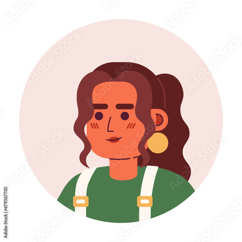 Curly hair latina girl relaxed smiling 2D vector avatar illustration. Posing latin american young adult woman cartoon character face. Casual headshot flat color user profile image isolated on white