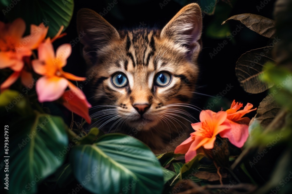 Fotografie A cat is looking at the camera through some flowers, AI