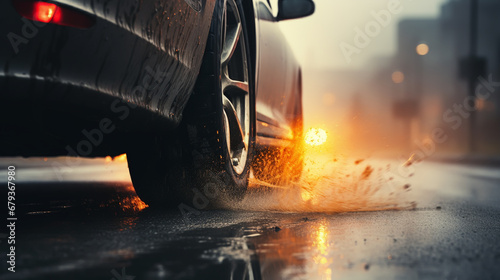 Closeup of a car with leaves stuck on wheels on a wet road in the autumn