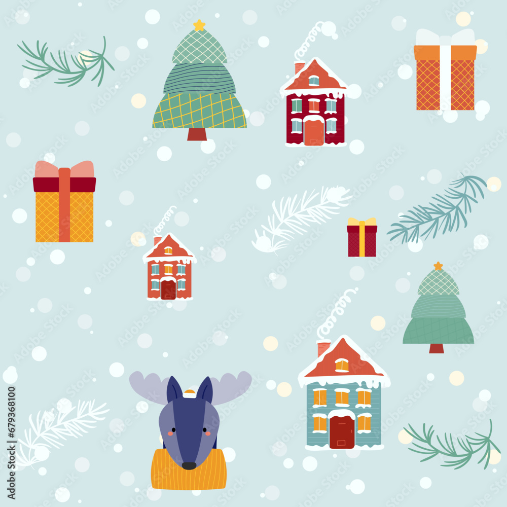 seamless pattern with christmas trees,houses