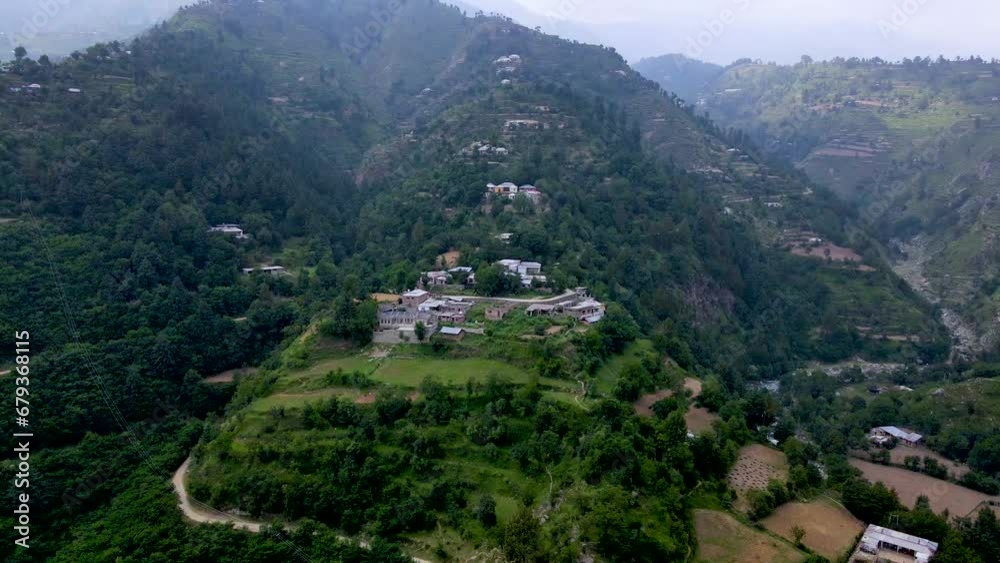 Arial shot of hill station with road and river in Pakistan Arial shot of hill station with road and river in Pakistan