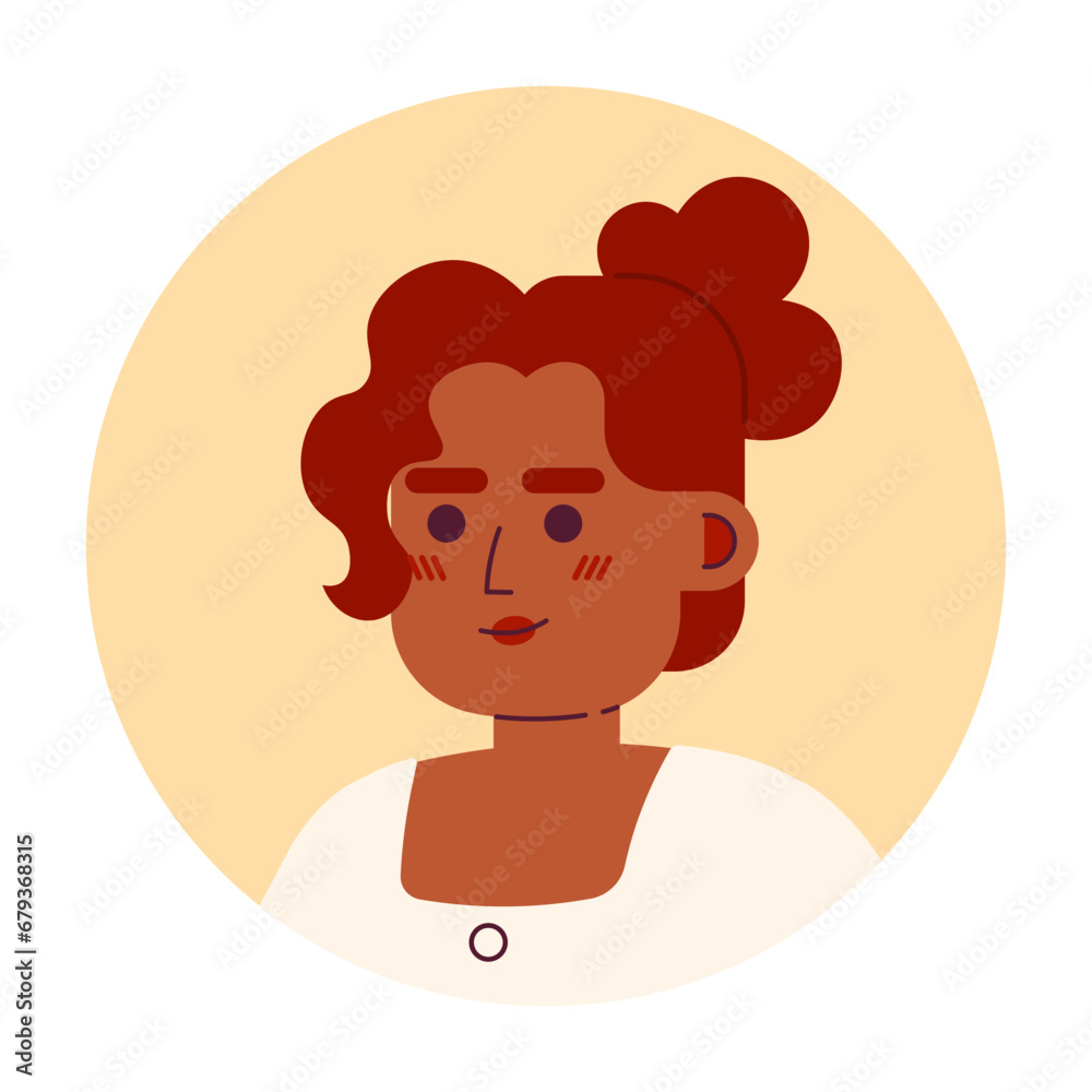 African-american curly hair woman relaxed smiling 2D vector avatar illustration. Posing black young adult cartoon character face. Positive headshot flat color user profile image isolated on white African-american curly hair woman relaxed smiling 2D vector avatar illustration. Posing black young adult cartoon character face. Positive headshot flat color user profile image isolated on white