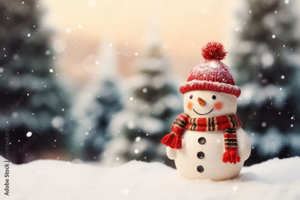 Cute little snowman in knitted hat and scarf standing outside on a winters day