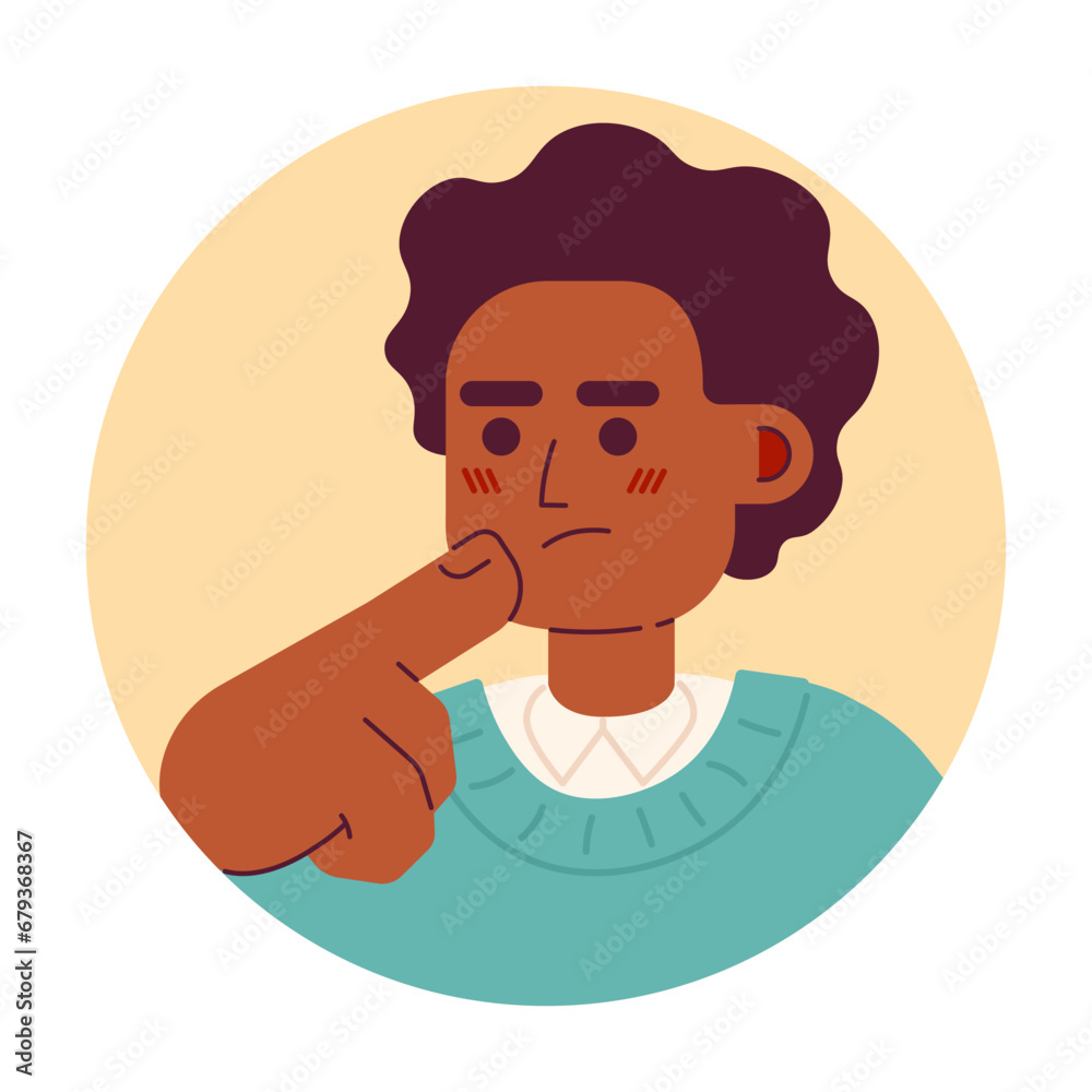Afro hair young man touching chin 2D vector avatar illustration. African american college student thoughts staring cartoon character face. Make decision flat color user profile image isolated on white