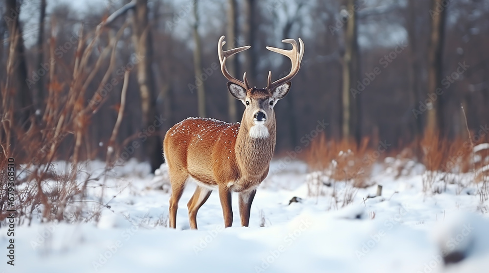 Fototapeta premium Straight on close up of a white-tailed deer standing in the snow